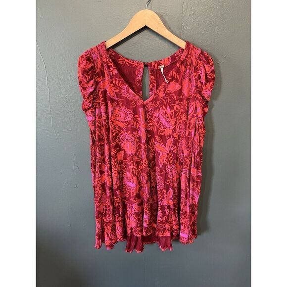 Free People Womens Red Floral Pattern Long Sleeve Blouse Size XS - Picture 1 of 3